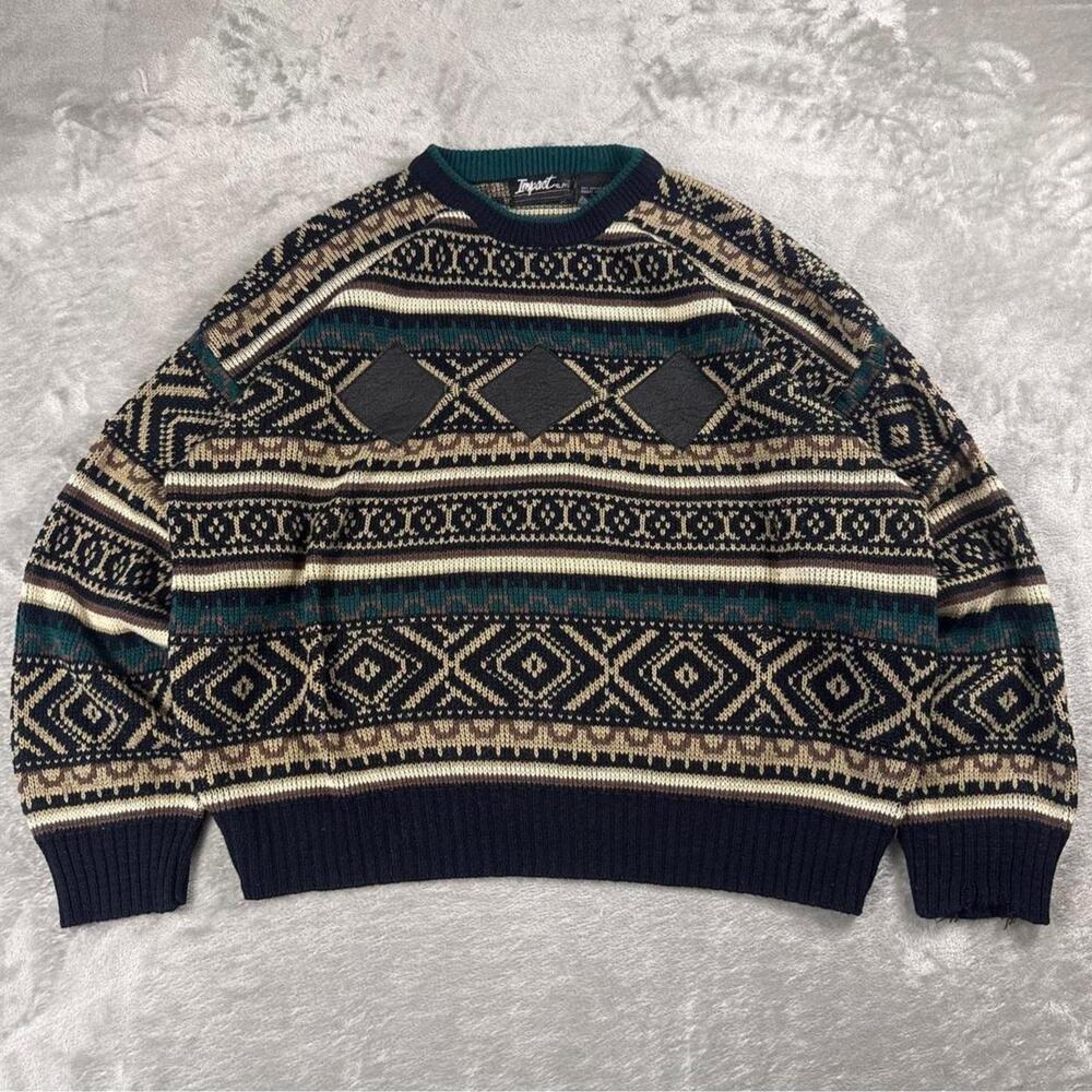 Vintage 90s Impact Sweater Men XL Geometric Knit Leather Trim Made Korea